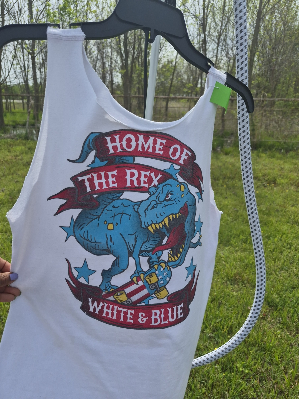 White Graphic Tank Top with Blue Dinosaur "Home of the Rex"